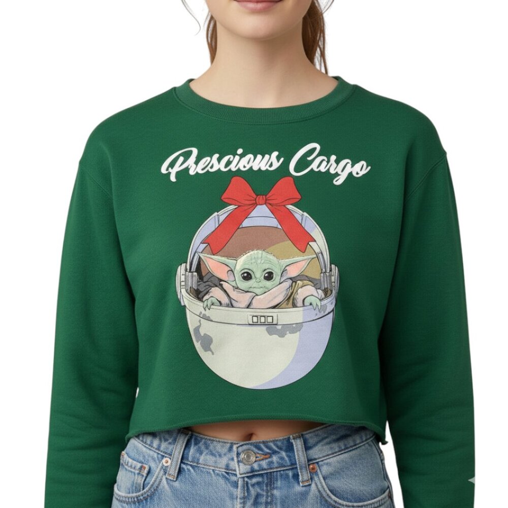 Star Wars Grogu Cropped Sweatshirt Women's M Green Baby Yoda The Mandalorian
